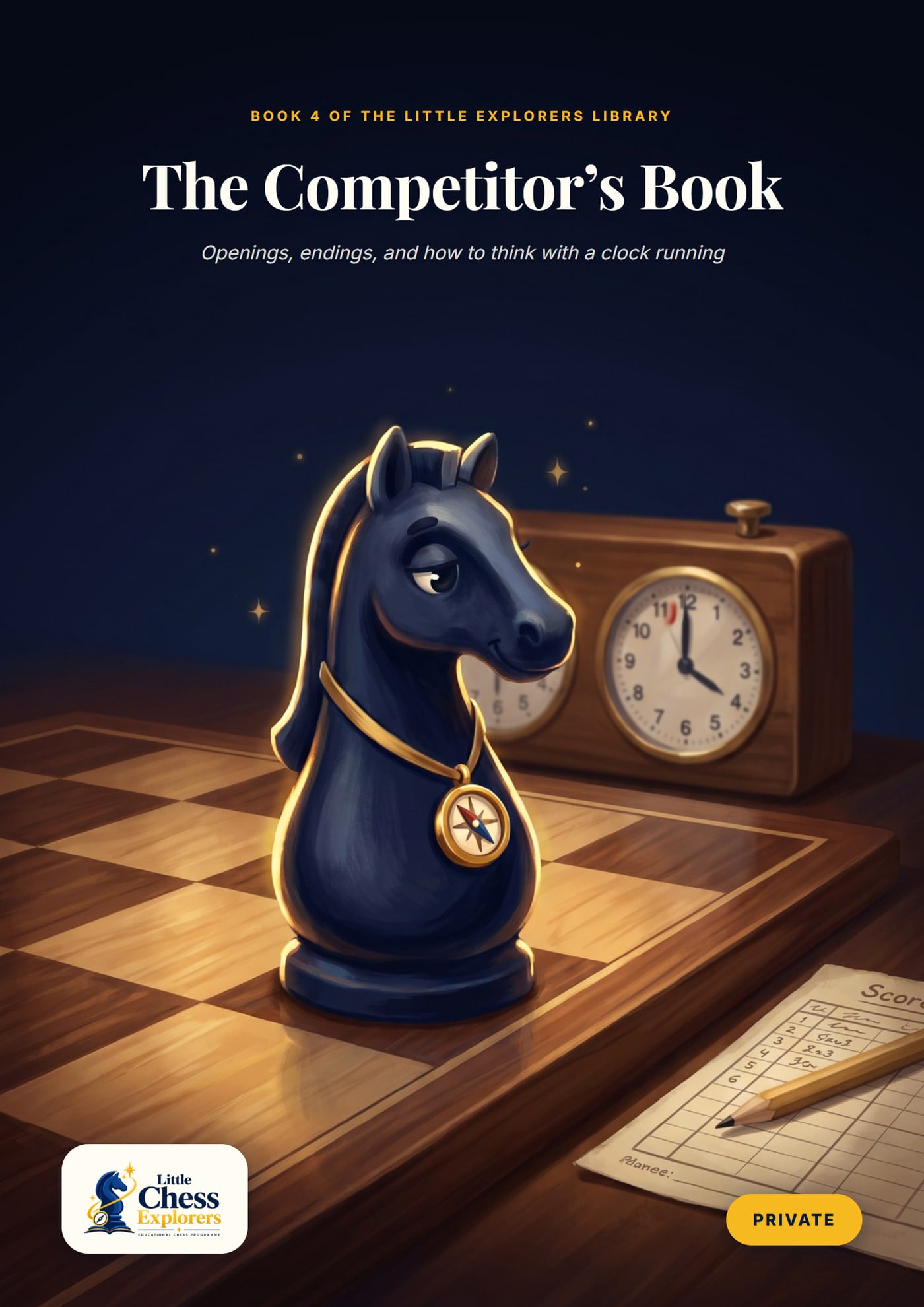 The cover of The Competitor’s Book: Nell the knight on a tournament board, a chess clock behind her.